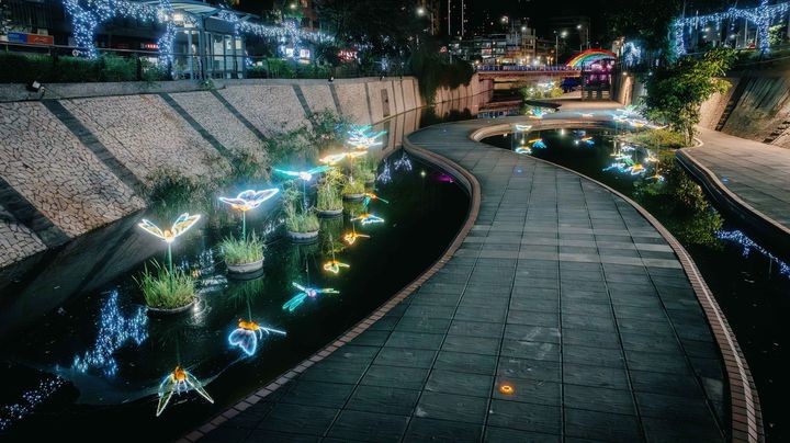 ▲翩翩飛舞的蝴蝶蜻蜓燈飾與水影相輝映，十分繽紛夢幻。　圖：新北市政府水利局／提供