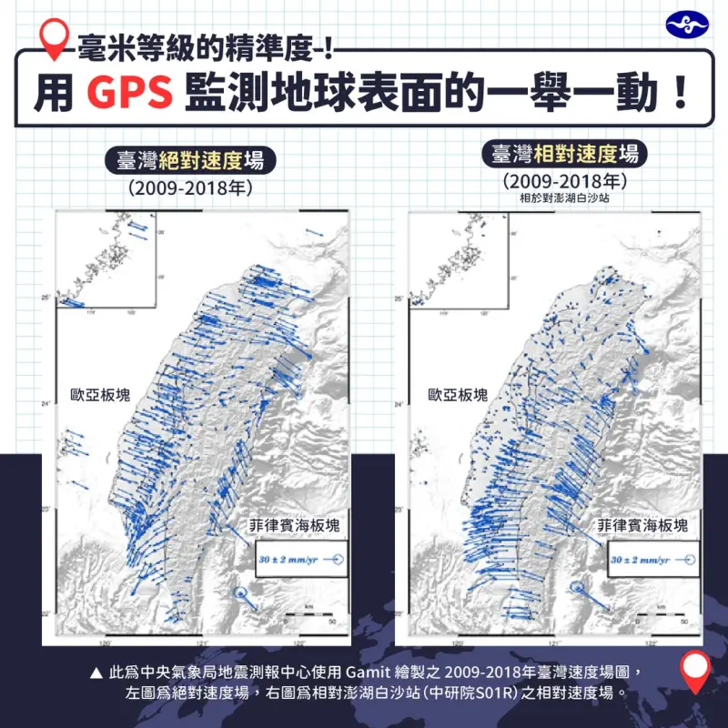 ▲氣象署公布2009年至2018年的「台灣移動對比圖」，發現台灣在9年間真的明顯往東邊移動。（圖／取自中央氣象署臉書）