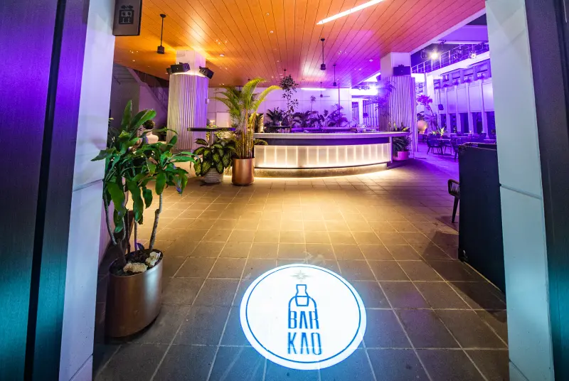 ▲從入口處就可以「BAR KAO」餐廳空間，融入各式南洋風植栽設計。（圖／承億酒店提供）