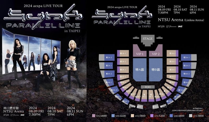 韓女團aespa「- SYNK : PARALLEL LINE -」世界巡迴演唱會台北場票價與座位圖。（iMe提供）