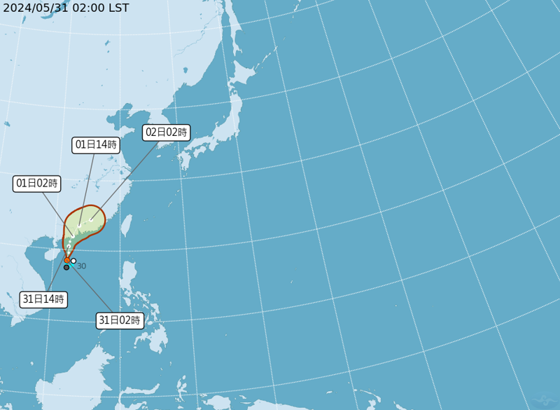 南海的熱帶性低氣壓預計今日發展為輕颱「馬力斯」，明日登陸中國廣東將減弱併入鋒面系統，成為「短命颱」。（氣象署提供）