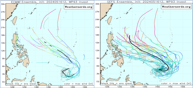 最新歐洲模式，未來10天系集模擬路徑圖顯示（左圖），菲律賓東方海面有「熱帶擾動」活動。美國系集模式亦有類似的模擬（右圖），仍需持續觀察。（翻攝自「三立準氣象.老大洩天機」／weathernerds）