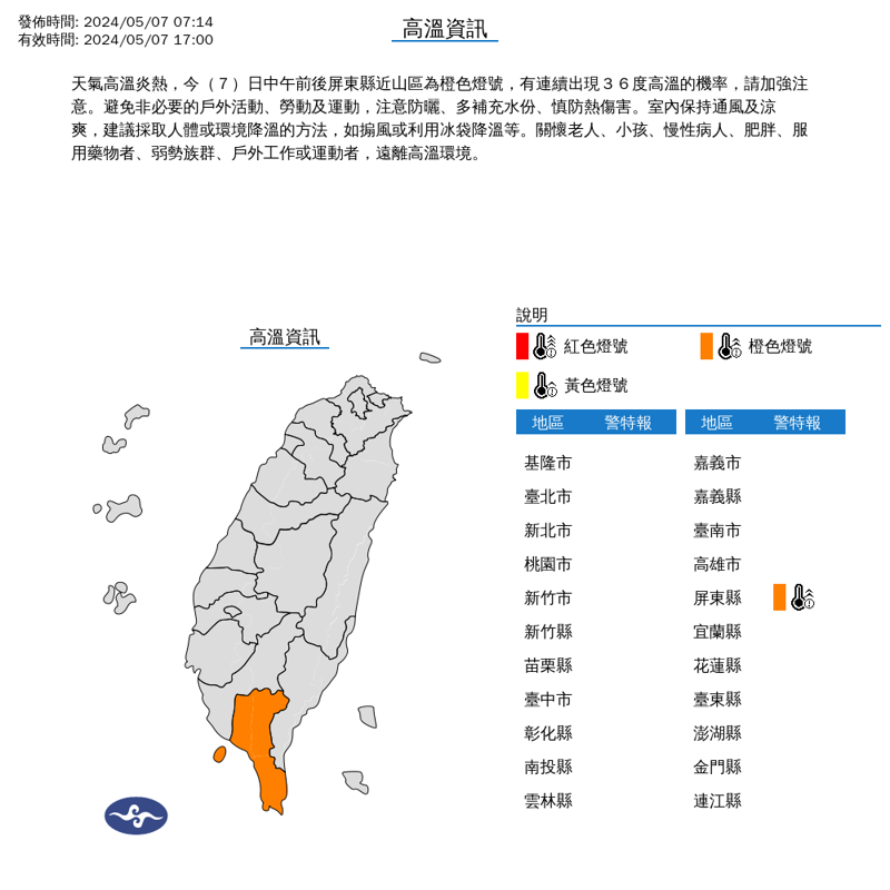 氣象署一早對屏東縣發布高溫資訊，中午前後屏東縣近山區為橙色燈號，有連續出現36度高溫的機率。（氣象署提供）