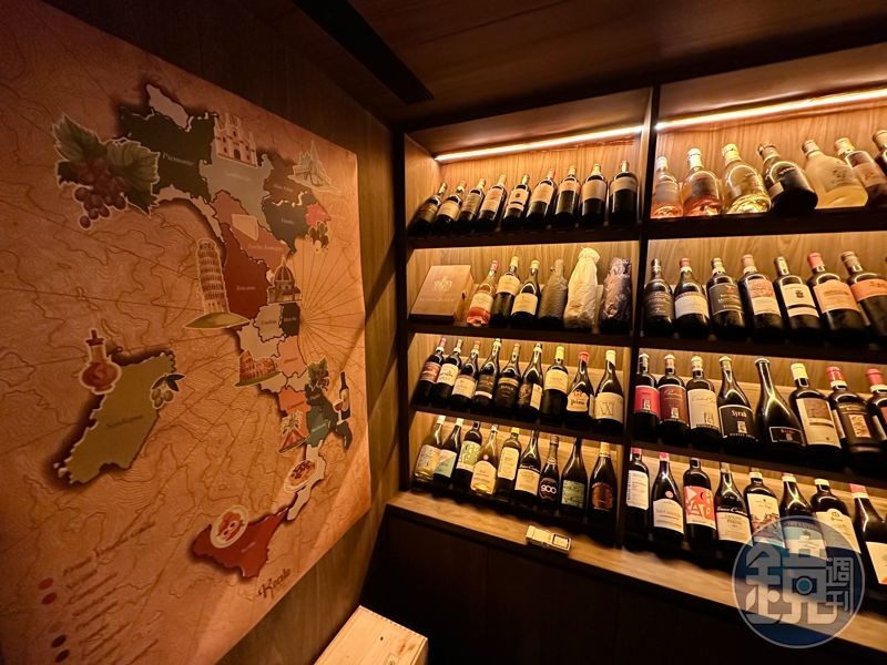餐廳酒單橫跨義大利南北12個葡萄酒產區，從1瓶550元的親民佐餐酒，到DOCG認證最高等級的冥想酒都喝得到。
