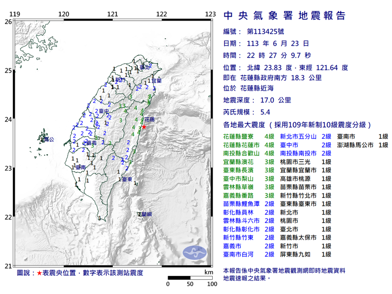 昨（23日）晚22時27分花蓮近海發生芮氏規模5.4地震，震源深度17公里。（中央氣象署提供）