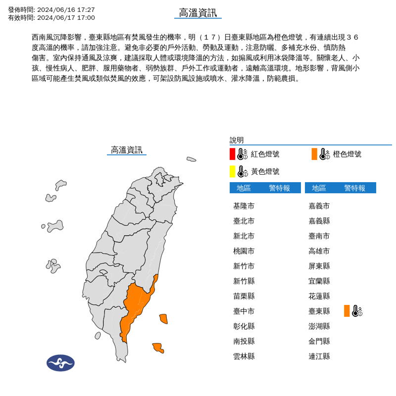 氣象署釋出高溫資訊，台東縣地區有焚風發生的機率，該地區已亮起橙色燈號。（中央氣象署提供）