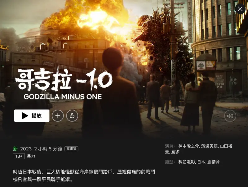 ▲有網友在今（1）日凌晨在PTT發文提到《哥吉拉-1.0》在Netflix上架，並興奮表示：「似乎是剛剛突然上的，終於能在台灣合法的看到有中文字幕的哥吉拉-1.0啦。」（圖／翻攝自Netflix）