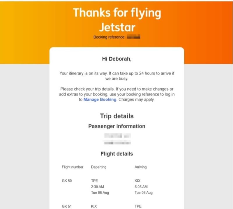 有部分買到Bug機票的網友回報，已收到捷星航空的官方確認信。（翻攝自機票博土 不累哥臉書粉專）