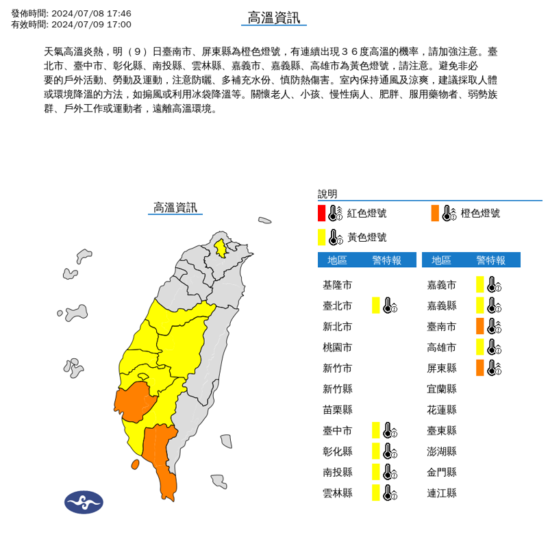 中央氣象局針對10縣市發布高溫資訊。（中央氣象署提供）