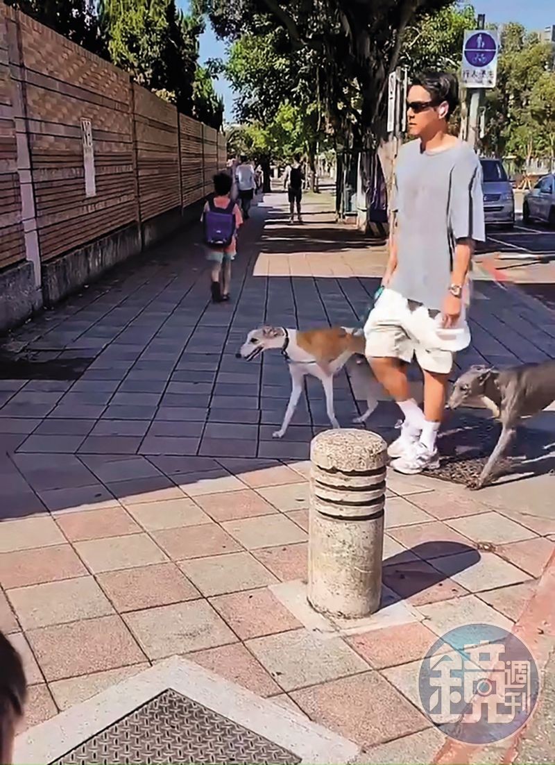 網友拍孩子上學影片，彭于晏剛好現身北市天母住家附近遛狗，他誤打誤撞走進鏡頭。（讀者提供）