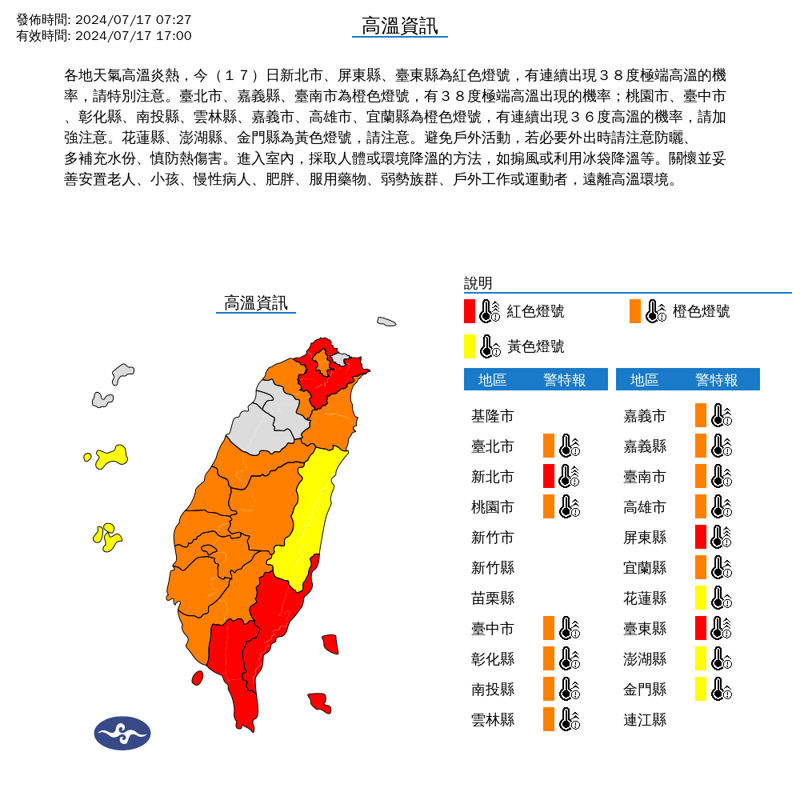 全台17縣市高溫特報。（翻攝氣象署官網）