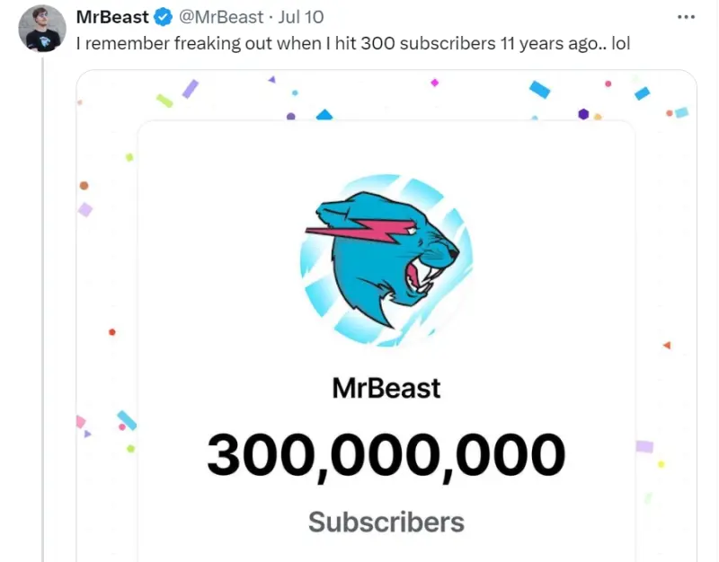 ▲MrBeast日前YT訂閱數突破3億，成為史上第一人。（圖／MrBeast X）