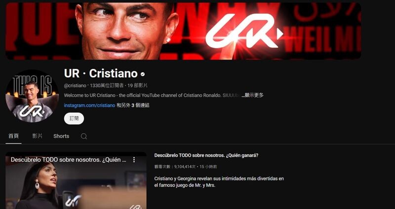 C羅YouTube頻道訂閱已破千萬。（翻攝YouTube「UR · Cristiano」）