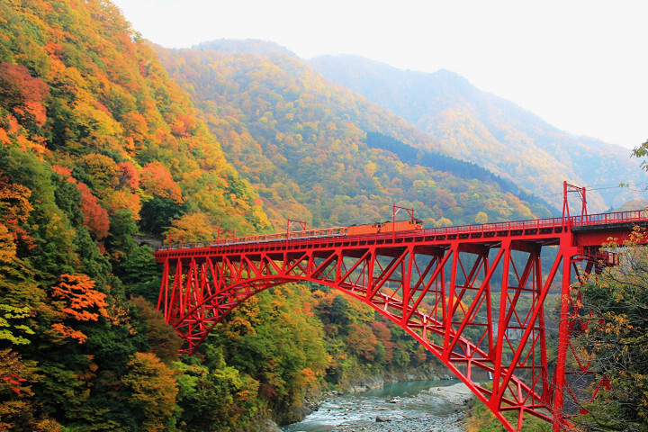 黑部峽谷鐵道小火車平均時速約16公里，可盡情飽覽途中美景。