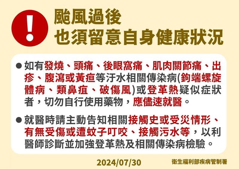 凱米颱風過境後，衛福部就提醒民眾留意健康。（翻攝自臉書＠衛生福利部 ）