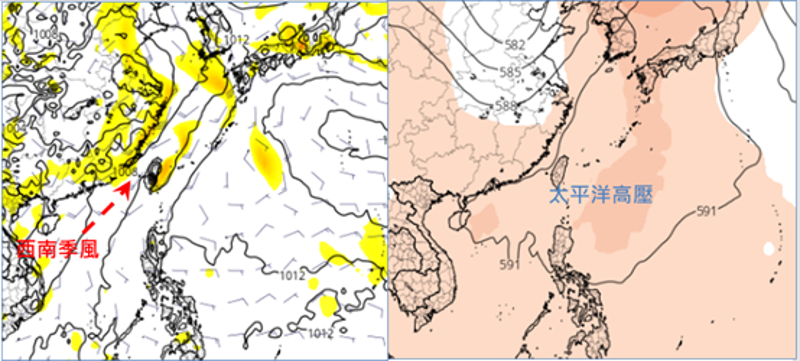 左圖為歐洲模式週二850百帕模擬圖顯示，「西南季風」通過台灣。右圖為週三500百帕模擬圖顯示，「太平洋高壓」增強。（翻攝自三立準氣象.老大洩天機）