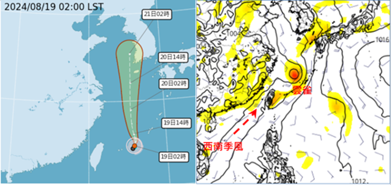 右圖：最新歐洲模式、今日20時850百帕模擬圖顯示，輕颱「雲雀」已進入東海南部，「西南季風」通過台灣。（翻攝自「三立準氣象.老大洩天機」）