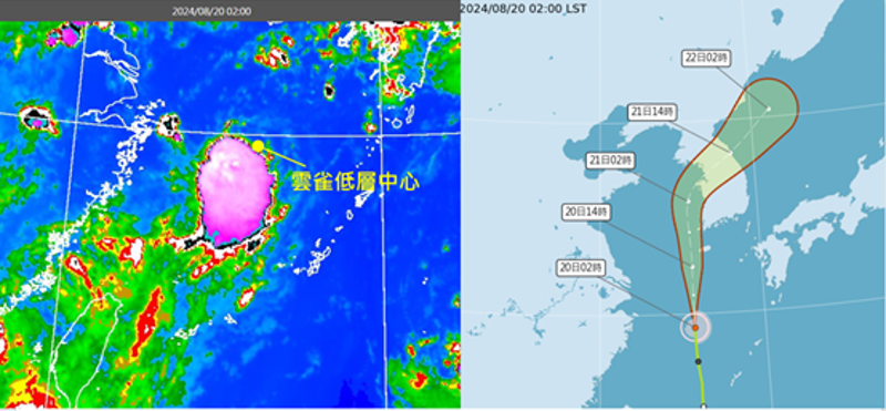 今晨2時衛星雲圖顯示，受到強垂直風切影響，「雲雀」高低層分離，強對流在低層環流中心的南南東方（左圖）。中央氣象署今晨2時「路徑潛勢預測圖」顯示，輕颱「雲雀」偏北向朝鮮半島前進（右圖）。（翻攝自「三立準氣象.老大洩天機」）