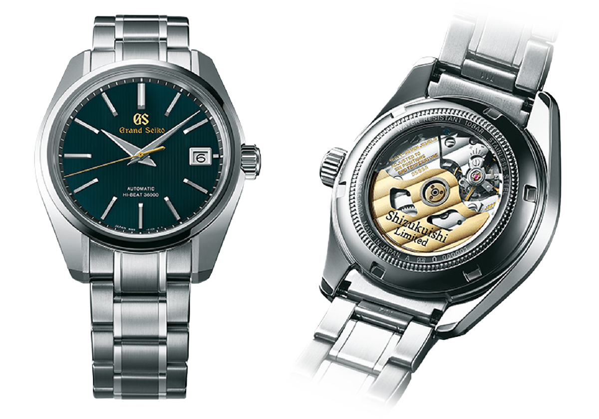 (左) GRAND SEIKO 僅在工房內部限定販售的 SBGH283 手錶正面。(右)同款手錶背面自動盤上刻有「Shizukuishi Limited」字樣。　圖：GRAND SEIKO / 提供