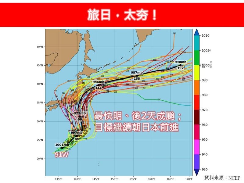 氣象專家林得恩指出，另一個熱帶擾動（91W）最快明天生成為第7號颱「安比」，形成三颱共舞的局面。（翻攝自「林老師氣象站」臉書）