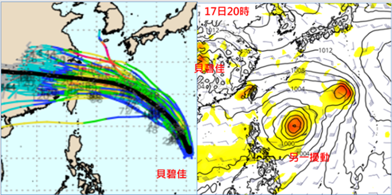 11日20時歐洲模式系集50次模擬路徑顯示，部分系集路徑離台很近（左圖）。最新歐洲模式模擬、17日20時「貝碧佳」已在華中，菲律賓東方海面另有擾動發展（右圖）。（翻攝自三立準氣象.老大洩天機／左圖擷自weathernerd，右圖tropical tidbits）