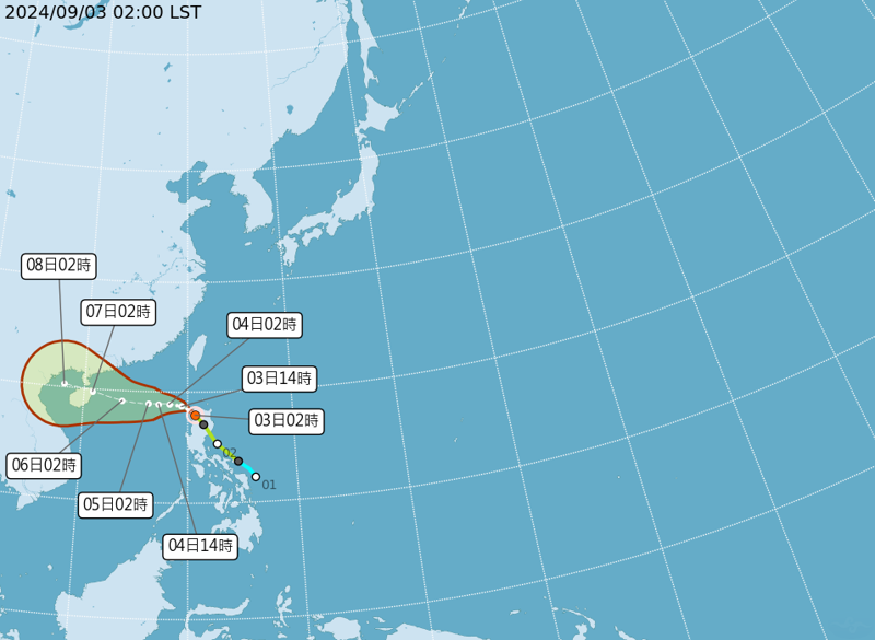 輕颱摩羯3日2時的中心位置在北緯 17.9 度，東經 120.7 度，以每小時18公里速度，向西北進行。（中央氣象署提供）