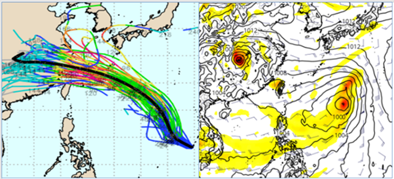 10日20時歐洲模式系集50次模擬路徑顯示，「貝碧佳」平均路徑與台灣有距離，但仍有個別路徑離台很近的（左圖）。10日20時歐洲模式模擬顯示，17日20時菲律賓東方海面另有擾動發展（右圖）。（翻攝自三立準氣象.老大洩天機／左圖擷自weathernerd，右圖tropical tidbits）