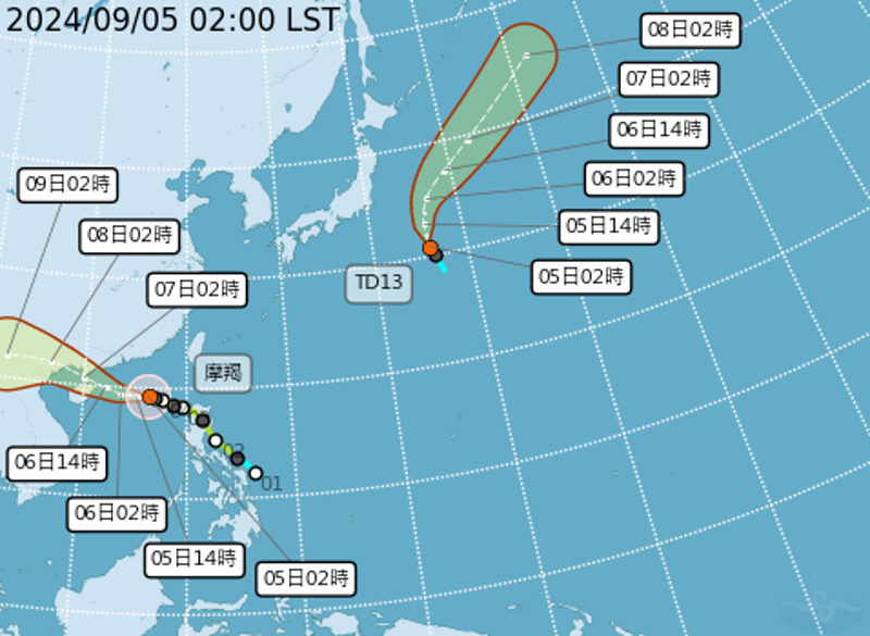 目前太平洋地區有中度颱風摩羯，以及1個熱帶性低氣壓TD13。（中央氣象署提供）