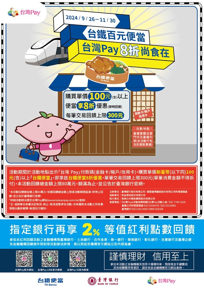 9月26日起至11月底止使用「台灣Pay」購買單價100元以上台鐵便當，立享8折優惠。（台鐵提供）