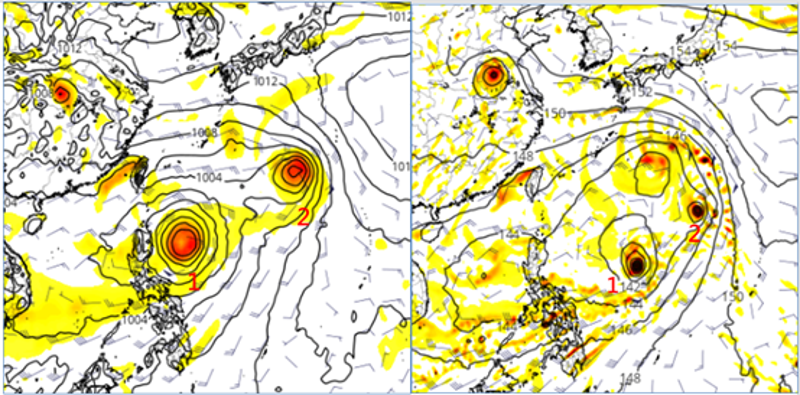 12日20時歐洲模式（ECMWF左圖）及美國模式（GFS右圖）、17日20時模擬圖顯示，菲律賓、台灣東方海面有多個擾動發展，不但位置、強度不同、擾動之間互相牽制的力道亦不同。（翻攝自三立準氣象.老大洩天機／圖擷自tropical tidbits）