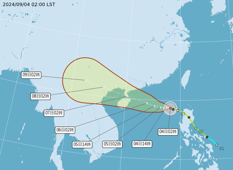 輕颱摩羯預計將朝雷州半島與海南島方向前進，對台灣本島並無直接影響。（中央氣象署提供）