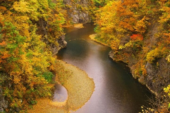 ▲北海道推薦賞楓熱點「定山溪」，沿著溪流漫步，可以同時欣賞神社、寺廟搭配紅葉的日本風情。　圖：KKday／提供