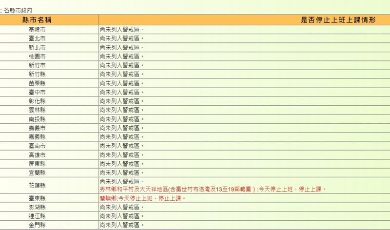 全台停班停課一覽。（番社自行政院人事總處官網）