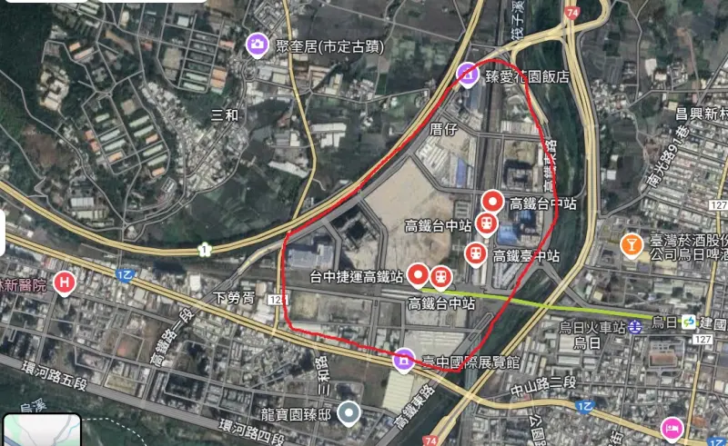 ▲台中高鐵特定區被高速公路和筏子溪包圍，有豐富的石虎食物來源。（圖／翻攝google地圖，2024.10.25）