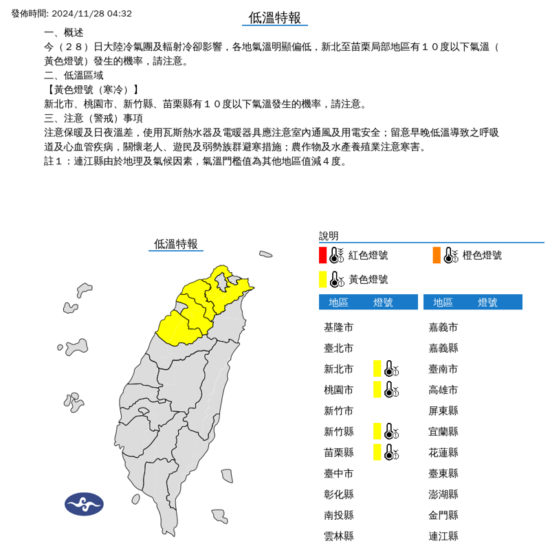 氣象署針對4縣市發布低溫特報。（中央氣象署提供）