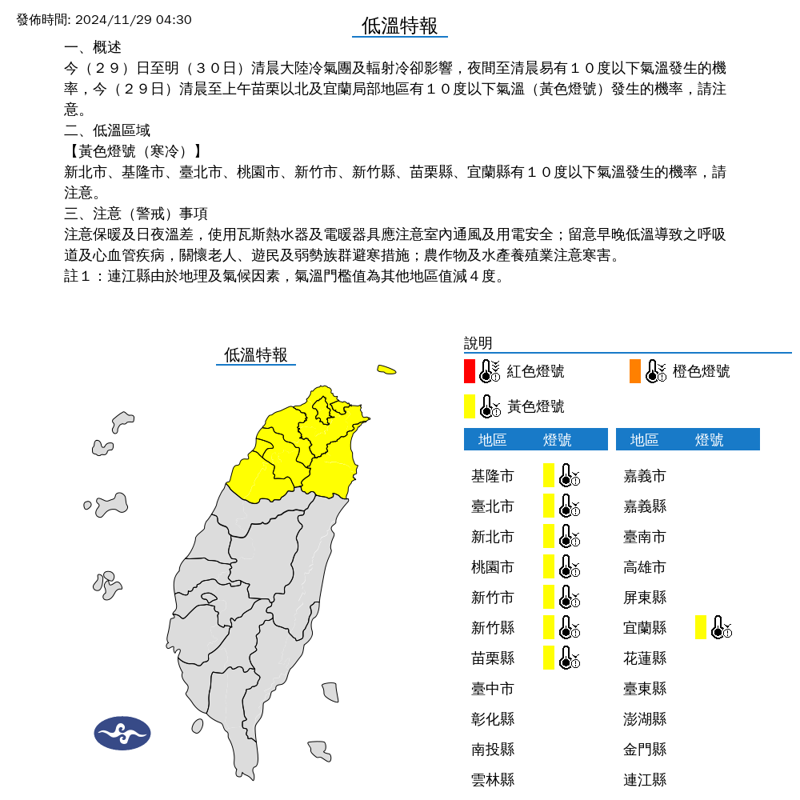 氣象署針對北北桃基等8縣市發布低溫特報。（中央氣象署提供）