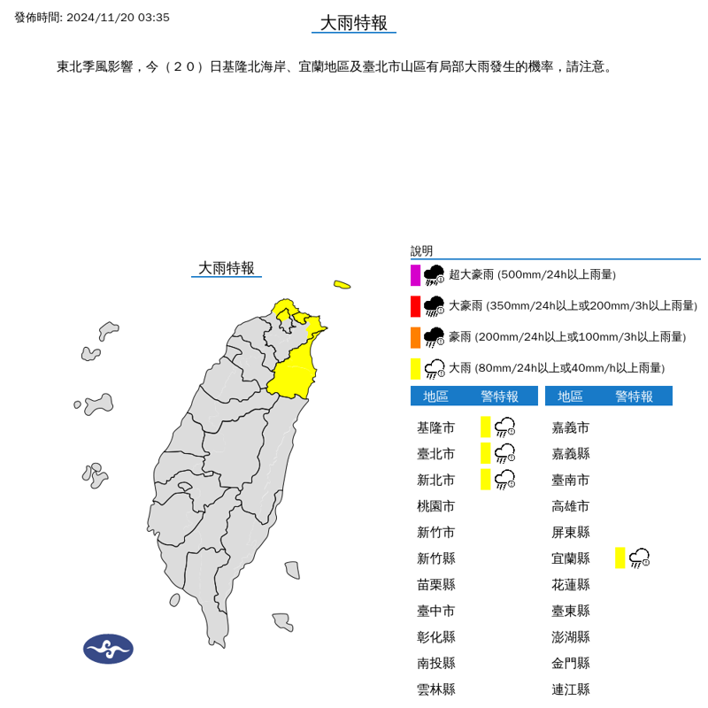 氣象署今針對4縣市發布大雨特報。（翻攝自氣象署官網）