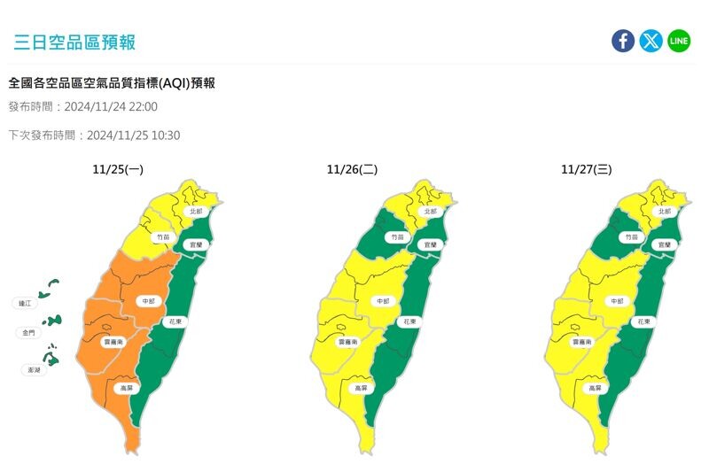 中部、雲嘉南及高屏地區今天空氣品質較差，預估為「橘色提醒」等級。（環境部提供）