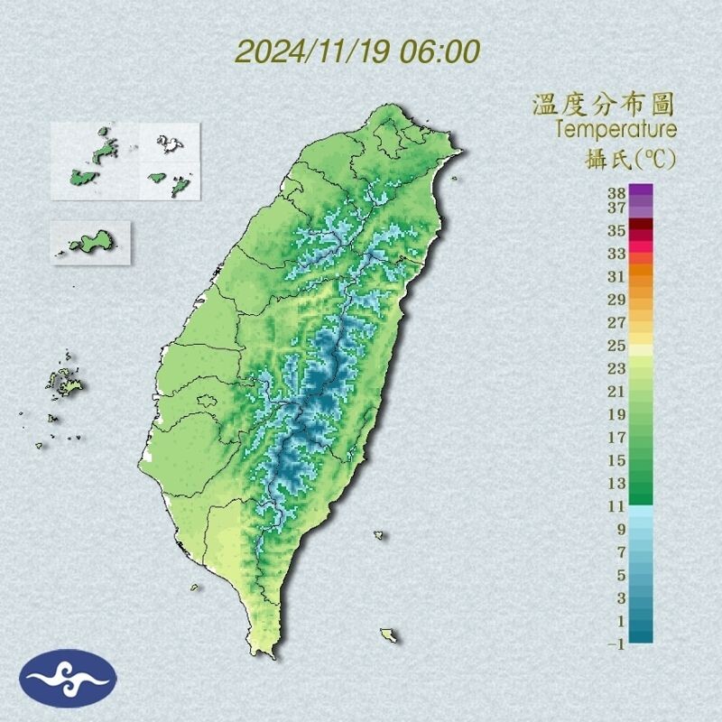 今日溫度分布圖。（翻攝氣象署官網）