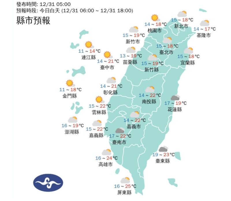 全台各地白天天氣狀況。（翻攝自中央氣象署官網）