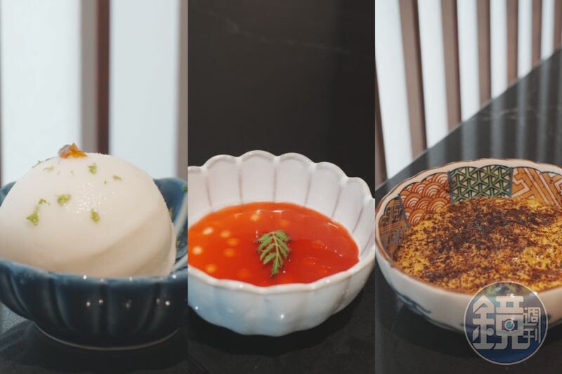 套餐尾聲的甜點三選一,包含了希臘優格、紫蘇製作的雪酪(左)、加入綠胡椒油的「覆盆莓奶酪」,以及撒滿咖啡粉與咖啡油的「芒果西米露」。