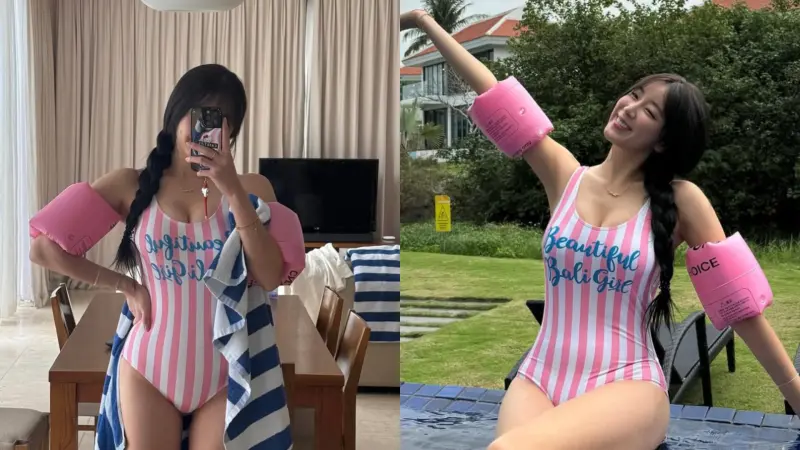 ▲安芝儇身穿白粉條紋連身泳衣，模樣性感之餘，還散發一絲可愛淘氣。（圖／安芝儇IG）