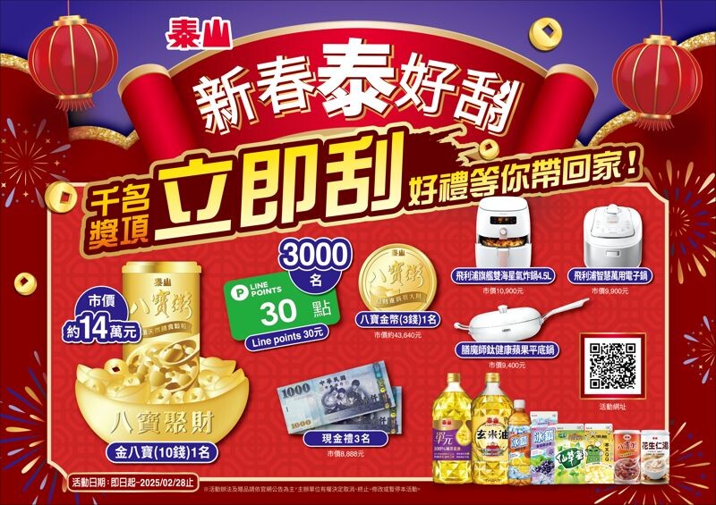 泰山自即日起至2月28日推出「新春泰好刮活動」,凡購買精選的油品、八寶粥、仙草蜜各種甜罐點心、到年輕族群喜愛的冰鎮、大吸館等系列商品均可參加抽獎。(泰山提供)