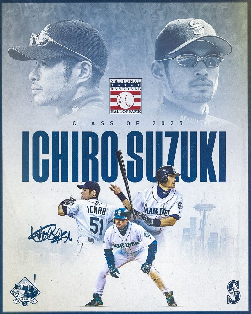 鈴木一朗成為史上首位日本出生進入大聯盟名人堂的選手。(翻攝自X@Mariners)