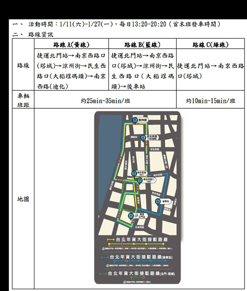 今年各商圈仍有免費接駁車供民眾搭乘。(大同分局提供)