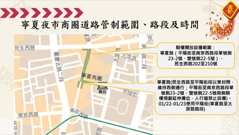 年貨大街即將開張,屆時迪化商圈、華陰街北車及後站商圈、寧夏夜市商圈都會實施交管。(大同分局提供)