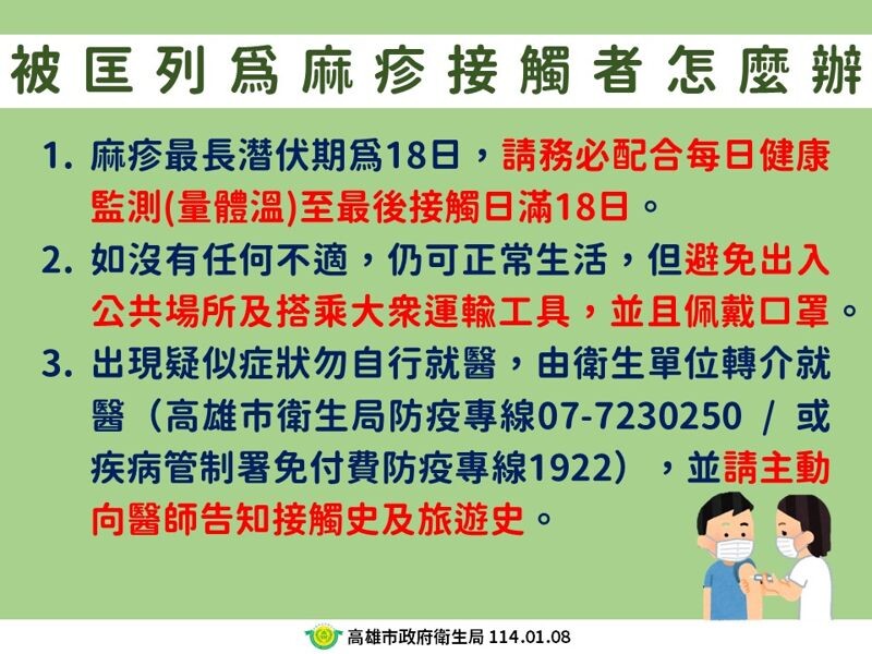 高雄市衛生局說明麻疹接觸者。(高雄市衛生局提供)