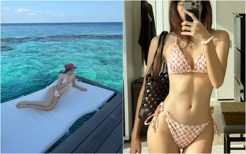 ▲Lisa身穿LV花紋的三點式比基尼，盡顯好身材。（圖／Lisa IG）