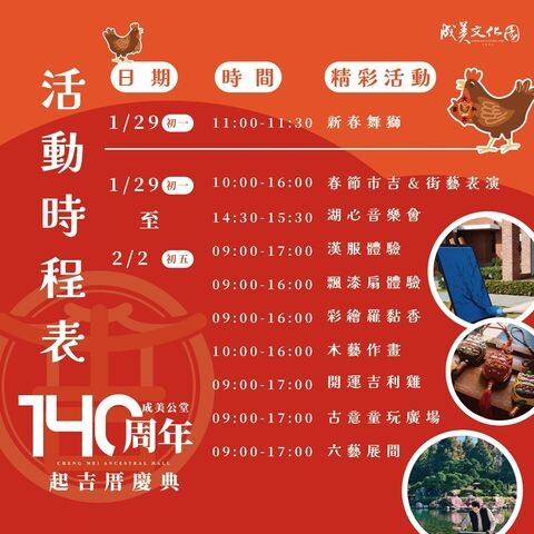 ▲成美文化園春節活動彙整。　圖：成美文化園／提供