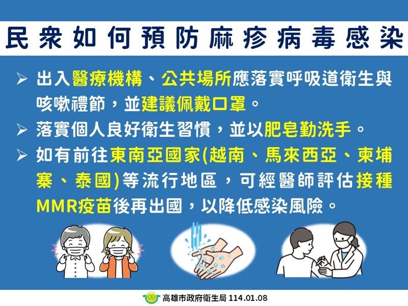 高雄市衛生局說明民眾如何預防麻疹。(高雄市衛生局提供)